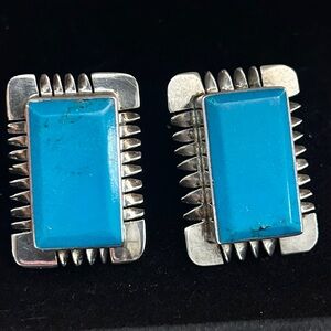 Vintage Signed Calderon Atachi Sterling Mexico Taxco Turquoise Clip On Earrings